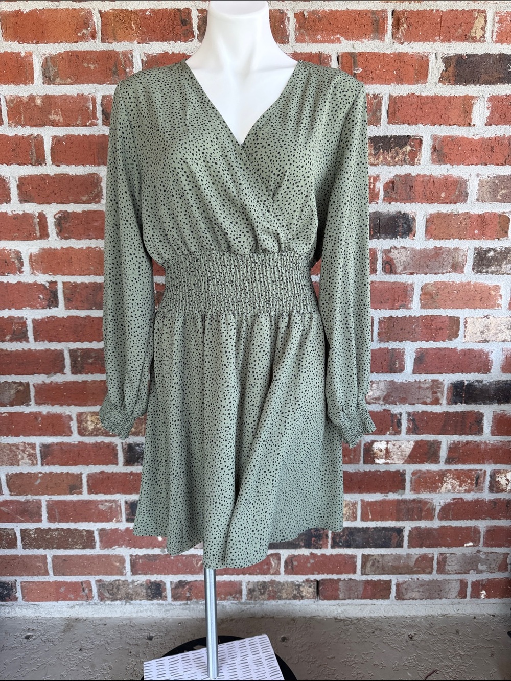 SHEIN Olive Green Long Sleeve Smocked Waist Dress with Black Dot Print